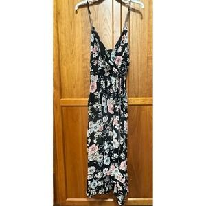 Aster Black Floral Print Sleeveless V-Neck Midi Dress, Large, flowy‎